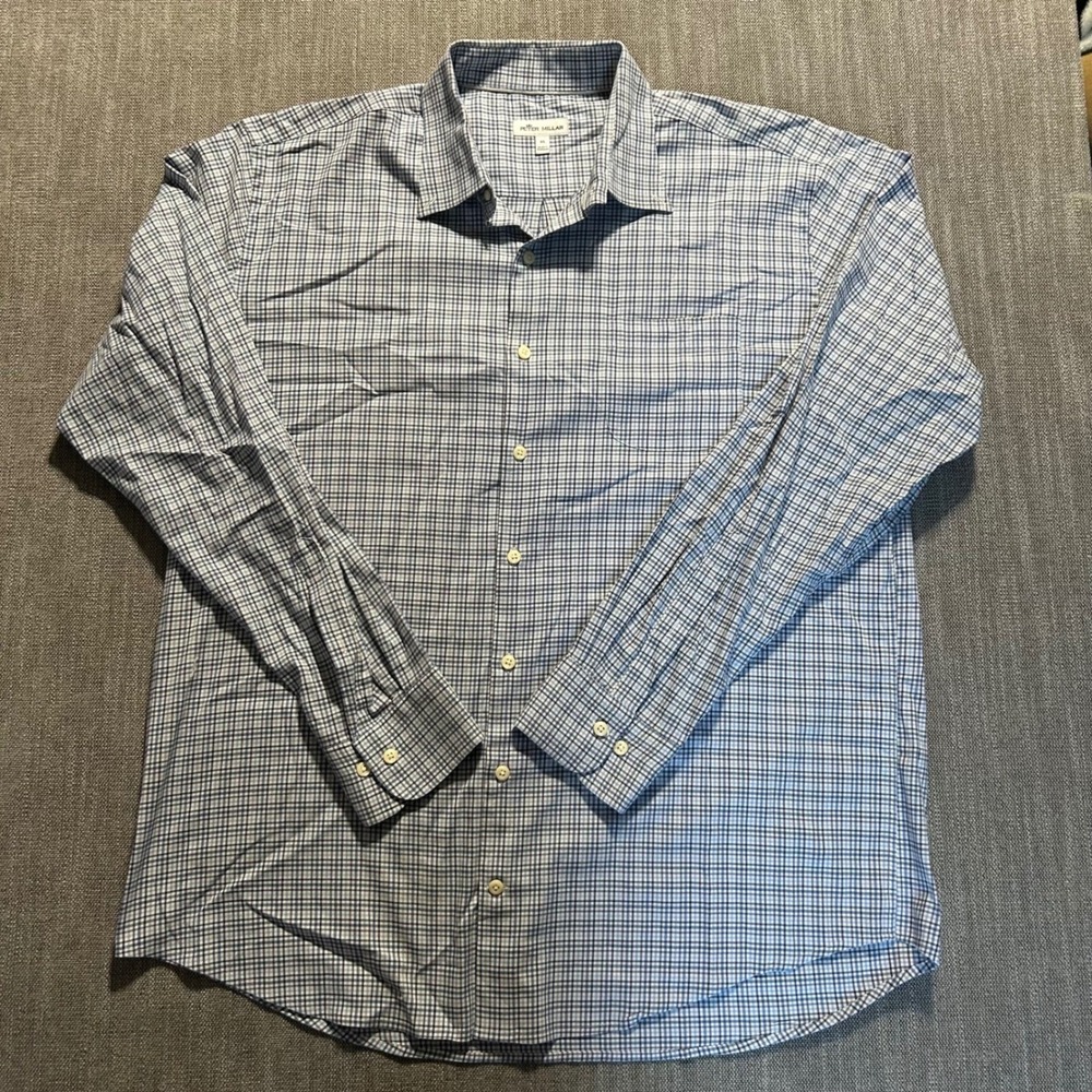 Peter Millar Button Down Mens XL Blue Orange Check Performance Stretch Shirt